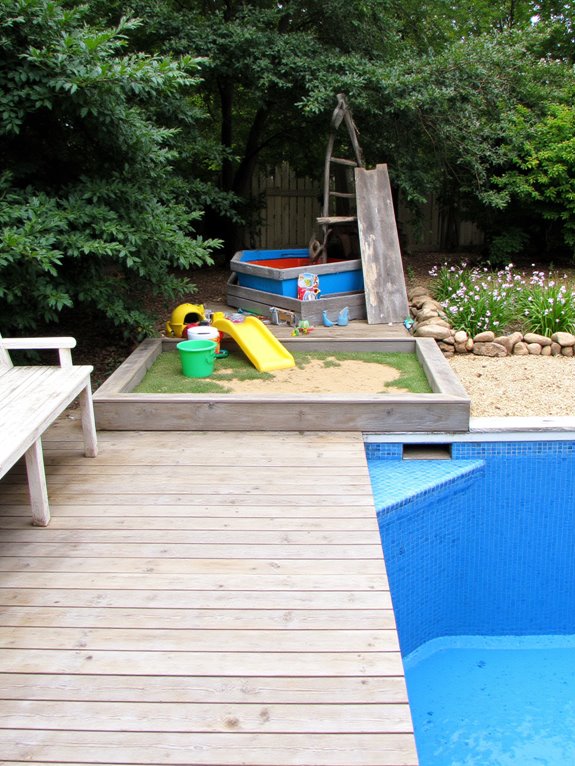 23 Creative Semi Inground Pool Landscaping Ideas That Feel Intentional colorful kids splash area