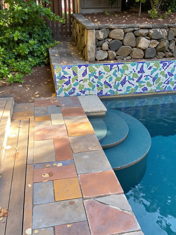 19 Elegant Pool Patio Ideas With Retaining Walls for Sloped Yards colorful tiles enhance patios