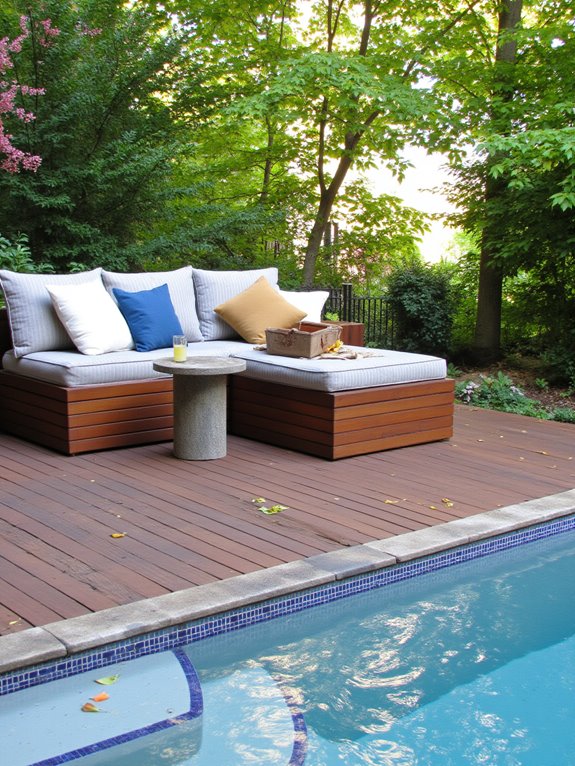 19 Chic Semi Inground Pool Deck Ideas for Easy Outdoor Living comfortable built in lounge areas