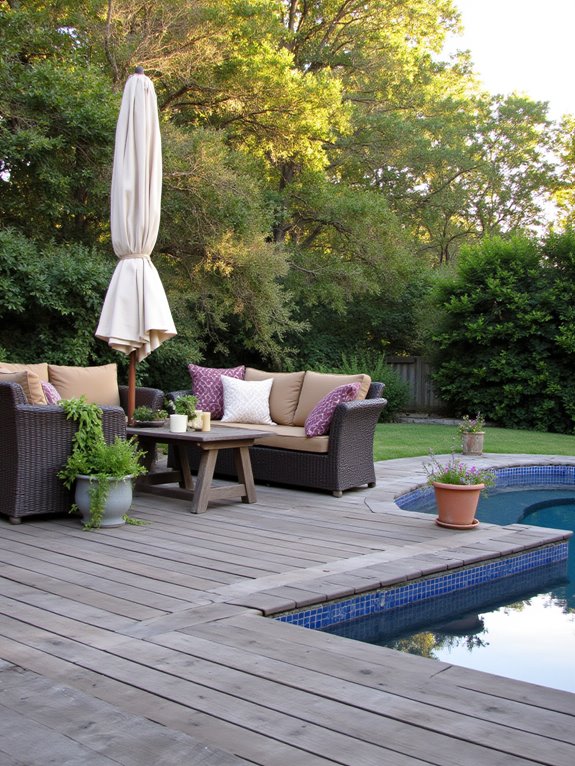 20 Inspiring Semi Inground Pool Landscaping Ideas for a Natural Feel comfortable outdoor lounge areas