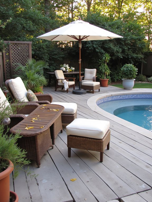 19 Simple Oval Semi Inground Pool Ideas That Feel Balanced comfortable poolside relaxation zone