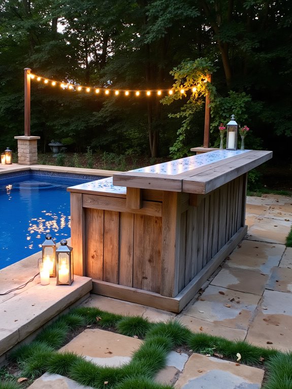 24 Fun Semi Inground Pool Ideas With a Built In Bar for Hosting cozy evening pool lighting