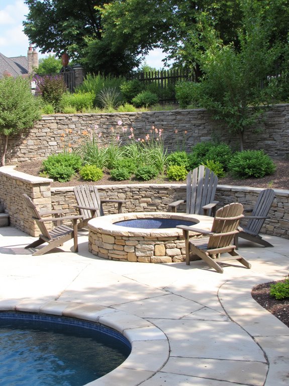 19 Elegant Pool Patio Ideas With Retaining Walls for Sloped Yards cozy fire pit ambiance