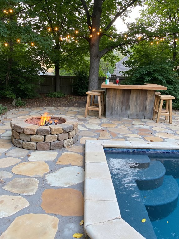 24 Fun Semi Inground Pool Ideas With a Built In Bar for Hosting cozy fire pit gatherings
