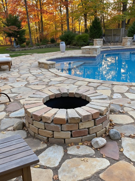 25 Cozy Semi Inground Pool Ideas With Pavers for Warm Texture cozy poolside fire pit