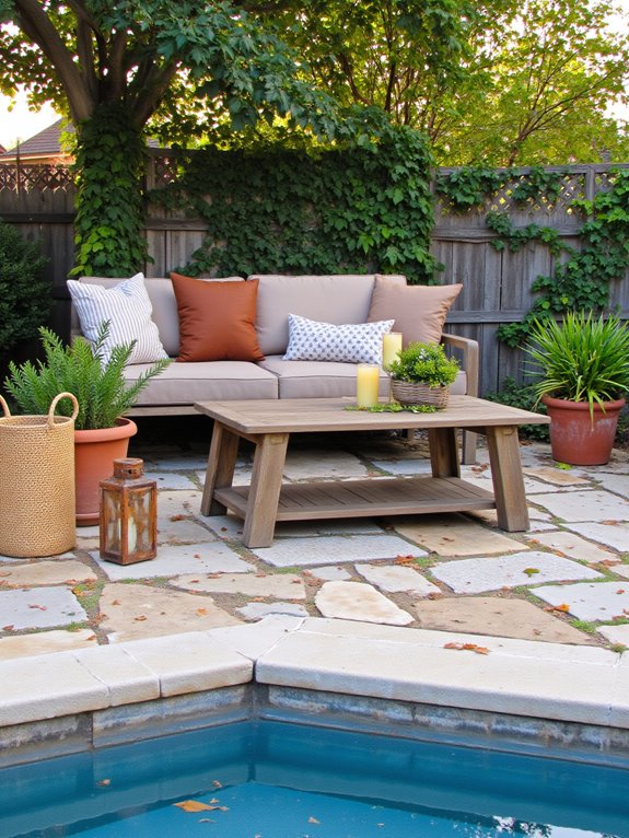 25 Cozy Semi Inground Pool Ideas With Pavers for Warm Texture cozy poolside lounge area