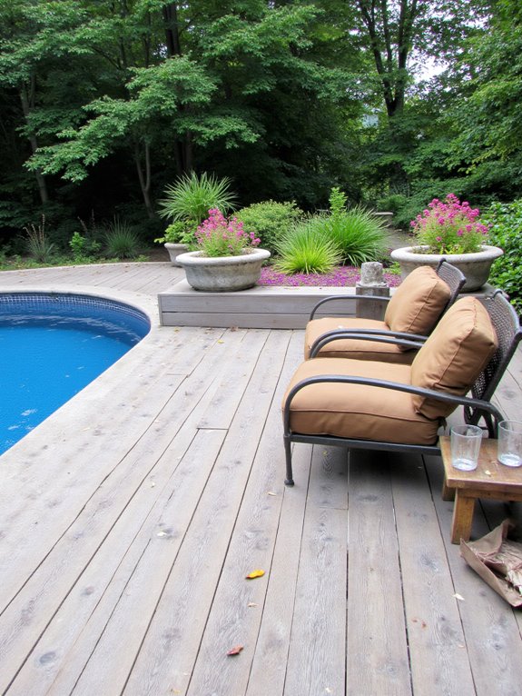 23 Creative Semi Inground Pool Landscaping Ideas That Feel Intentional cozy poolside relaxation oasis