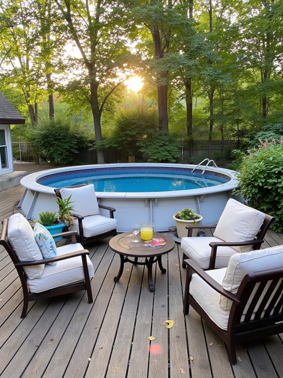 18 Inviting Sunken Above Ground Pool Ideas That Blend In cozy seating around pool