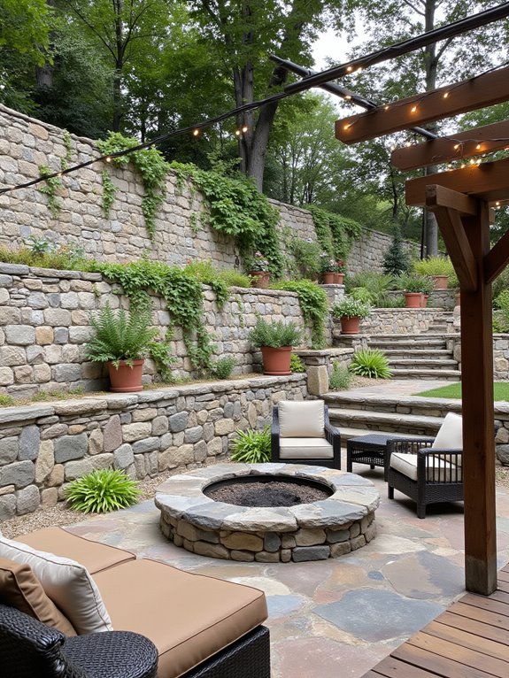 19 Elegant Pool Patio Ideas With Retaining Walls for Sloped Yards cozy sunken patio retreat