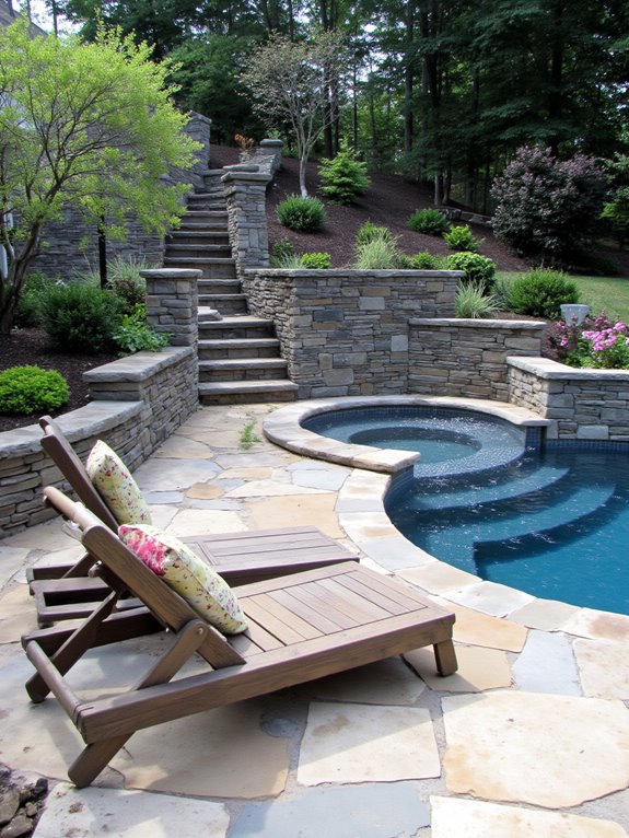 19 Elegant Pool Patio Ideas With Retaining Walls for Sloped Yards cozy year round outdoor retreat