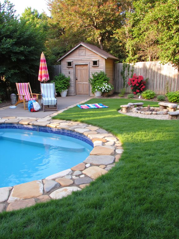19 Simple Oval Semi Inground Pool Ideas That Feel Balanced distinct poolside activity zones