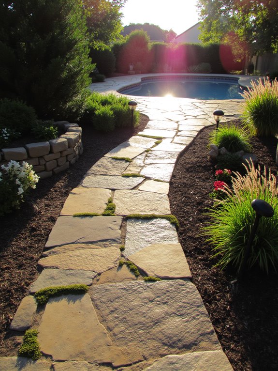19 Beautiful Inground Pool Landscaping Ideas That Feel Complete elegant natural stone pathway