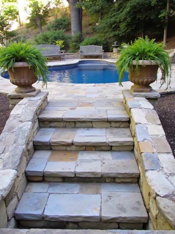 19 Elegant Pool Patio Ideas With Retaining Walls for Sloped Yards elegant pool access steps