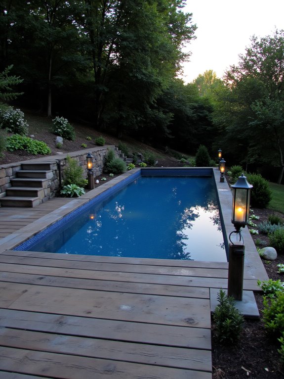 20 Practical Semi Inground Pool Ideas on a Slope That Actually Work enchanting nighttime pool illumination