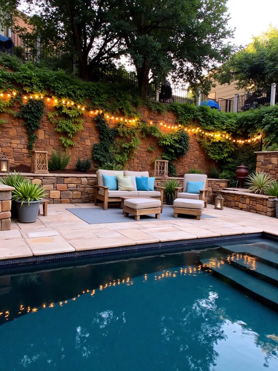 19 Elegant Pool Patio Ideas With Retaining Walls for Sloped Yards enchanting pool night lighting