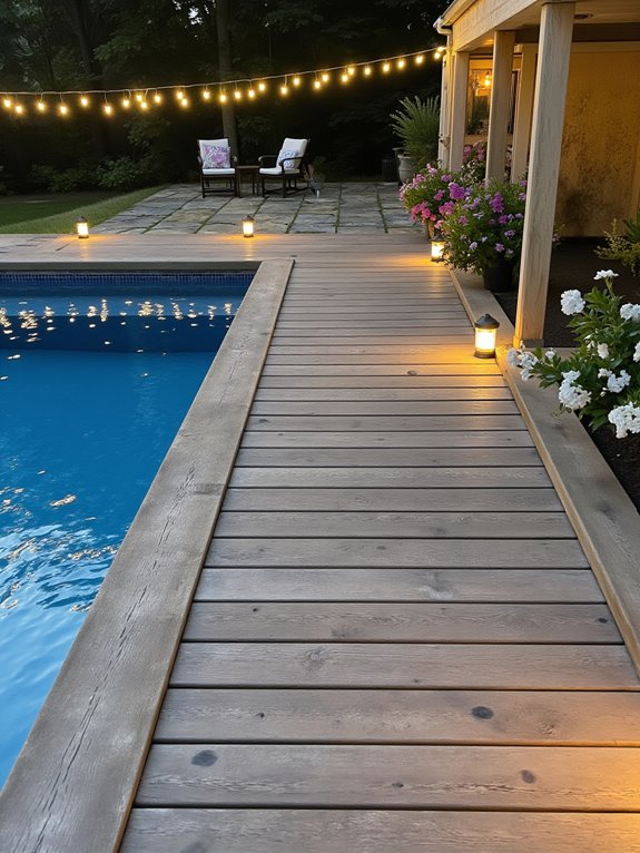 19 Chic Semi Inground Pool Deck Ideas for Easy Outdoor Living evening deck lighting ideas