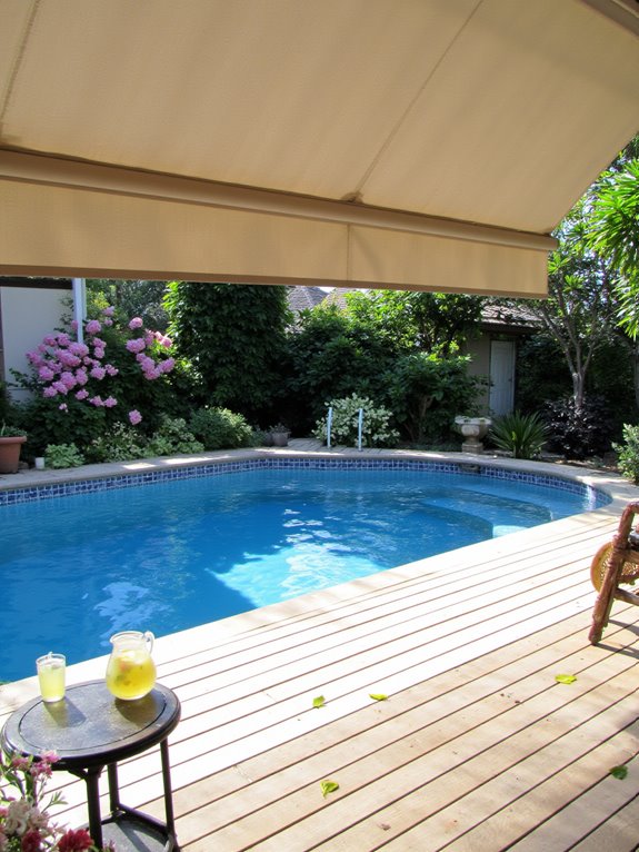 24 Stylish Semi Inground Pool Deck Ideas for Entertaining flexible shade for comfort