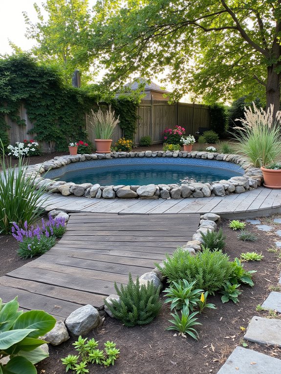 22 Fresh Raised Pool Ideas That Add Visual Interest lush greenery and lighting
