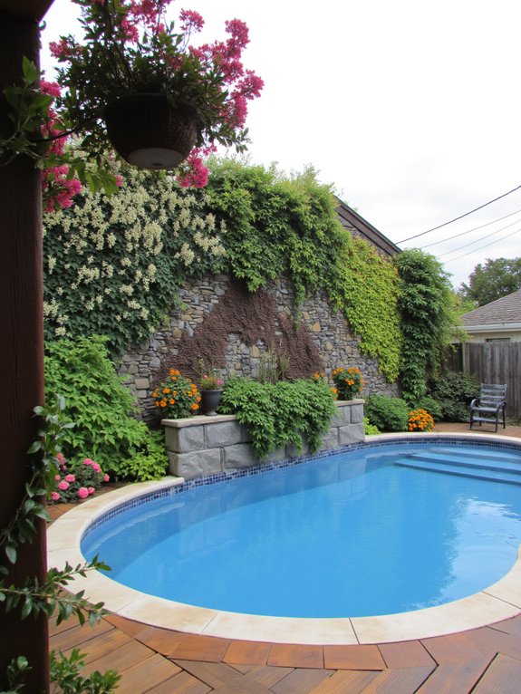 23 Creative Semi Inground Pool Landscaping Ideas That Feel Intentional maximize space with vertical gardens
