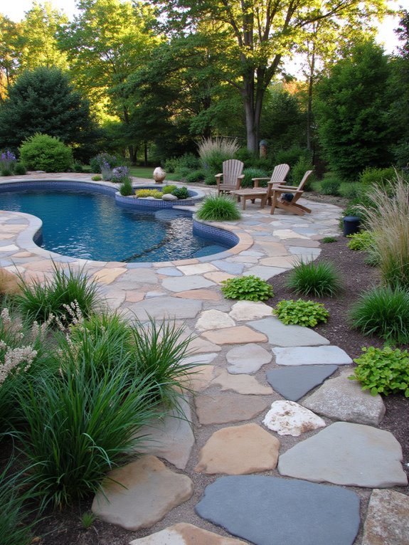 23 Creative Semi Inground Pool Landscaping Ideas That Feel Intentional natural stone pool pathways
