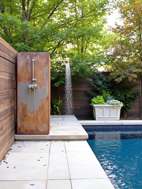 24 Stylish Semi Inground Pool Deck Ideas for Entertaining outdoor shower for convenience