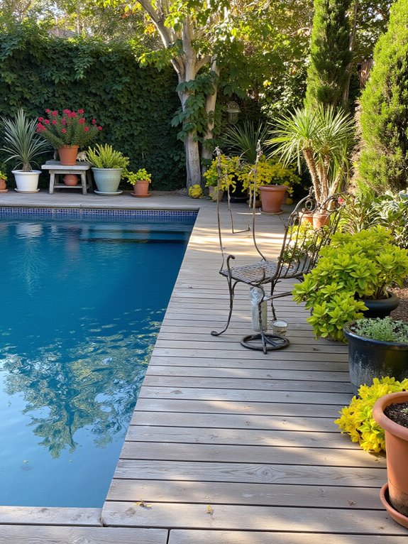 19 Beautiful Inground Pool Landscaping Ideas That Feel Complete potted plants enhance poolside ambiance