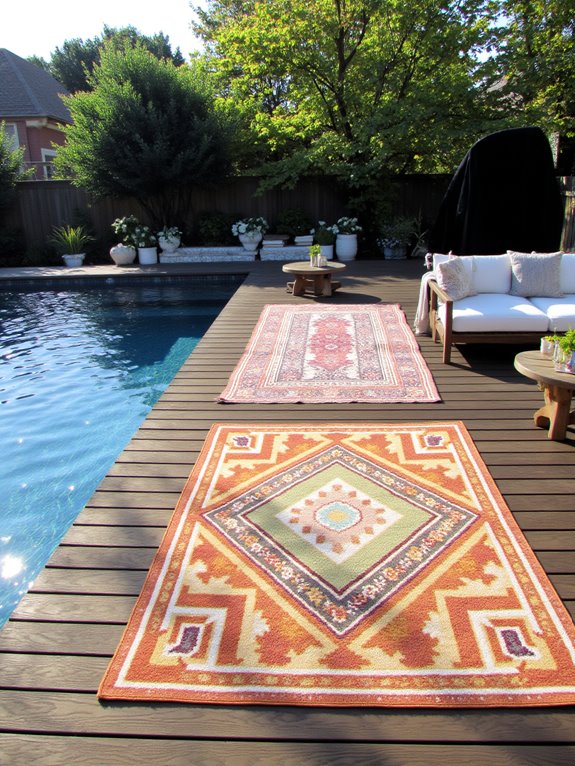 24 Stylish Semi Inground Pool Deck Ideas for Entertaining rugs define cozy spaces