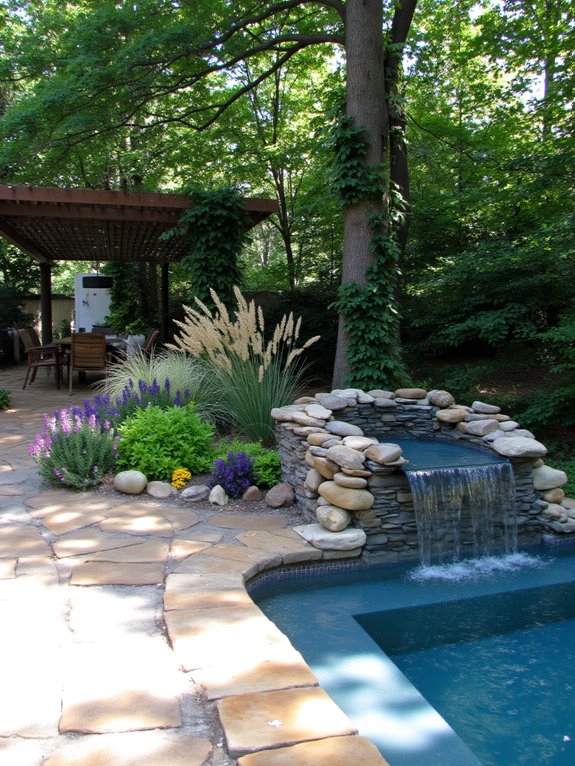 23 Creative Semi Inground Pool Landscaping Ideas That Feel Intentional serene retreat with water features