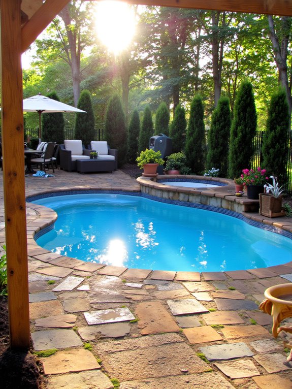 25 Cozy Semi Inground Pool Ideas With Pavers for Warm Texture shade solutions for pools