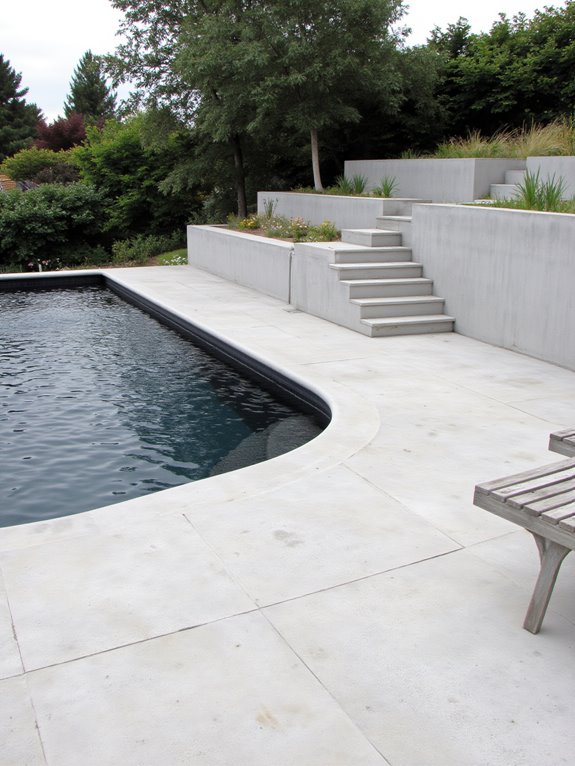 19 Elegant Pool Patio Ideas With Retaining Walls for Sloped Yards sleek concrete patio design