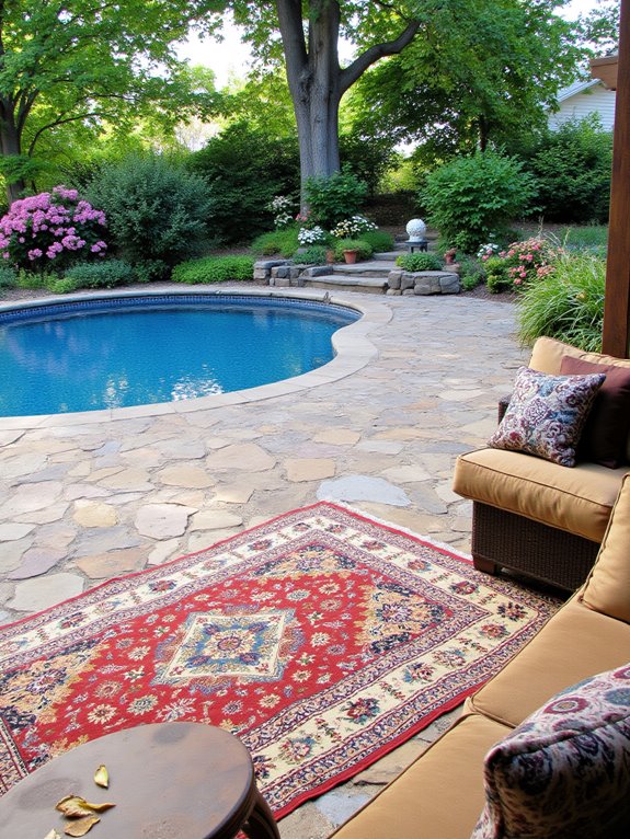 19 Beautiful Inground Pool Landscaping Ideas That Feel Complete stylish comfort with outdoor rugs