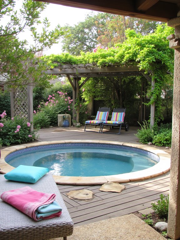 23 Unique Round Semi Inground Pool Ideas for a Softer Look stylish pergola for relaxation