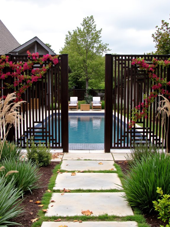 23 Creative Semi Inground Pool Landscaping Ideas That Feel Intentional stylish privacy screens enhance