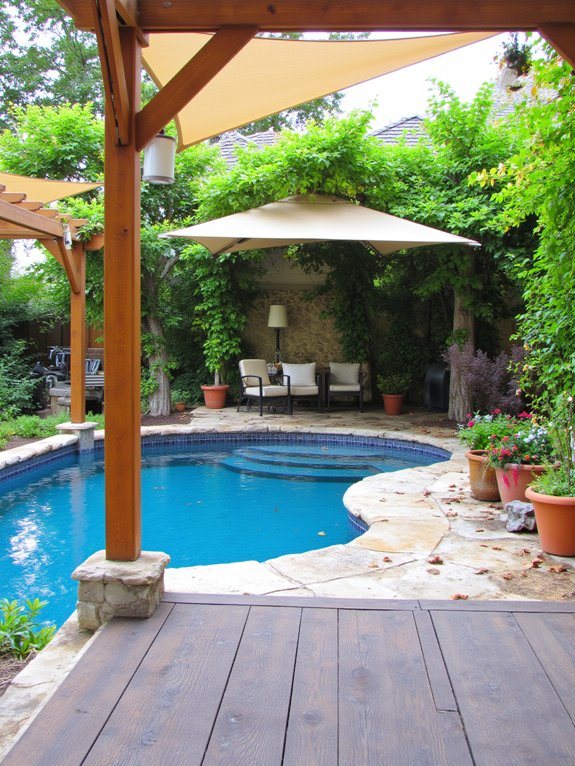 22 Clever Small Semi Inground Pool Ideas for Compact Yards stylish shade solutions poolside
