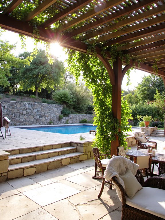 19 Elegant Pool Patio Ideas With Retaining Walls for Sloped Yards stylish shaded pool retreat
