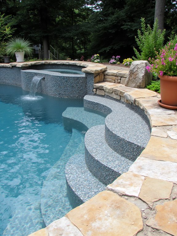23 Unique Round Semi Inground Pool Ideas for a Softer Look textured steps enhance safety