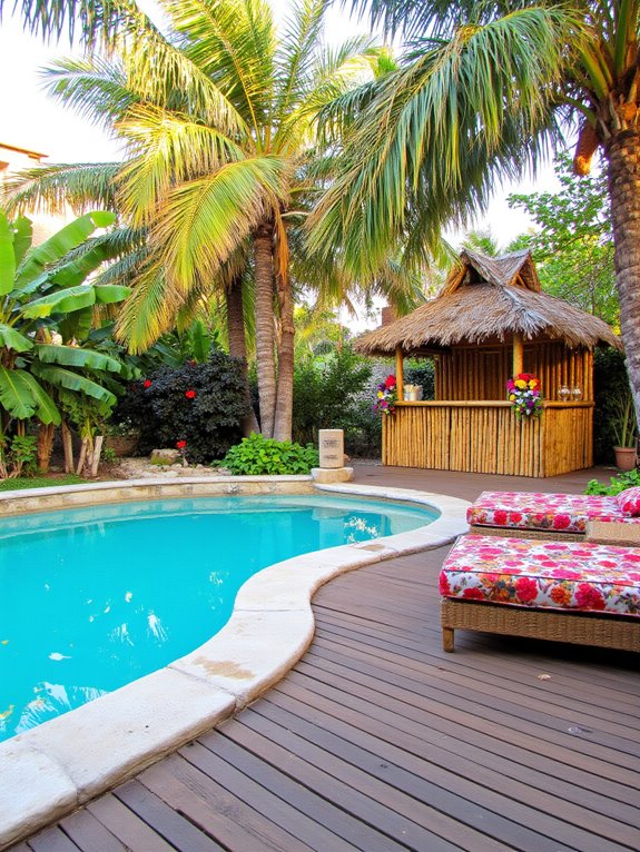 24 Fun Semi Inground Pool Ideas With a Built In Bar for Hosting tropical poolside tiki bar