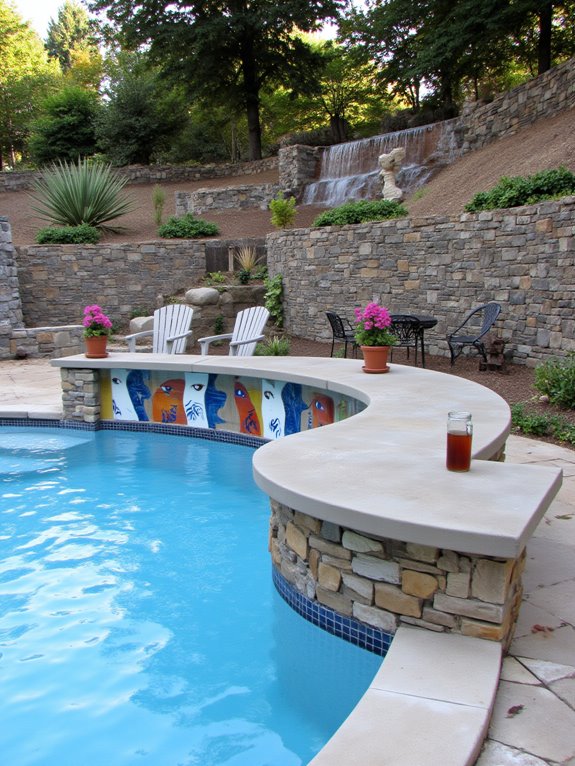 19 Elegant Pool Patio Ideas With Retaining Walls for Sloped Yards tropical swim up bar design