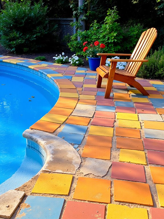 25 Cozy Semi Inground Pool Ideas With Pavers for Warm Texture vibrant colorful pool pavers