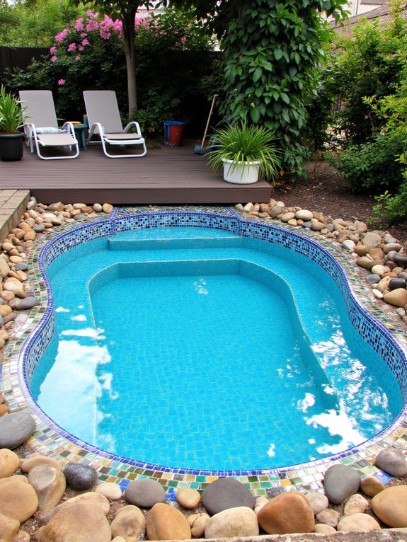 22 Clever Small Semi Inground Pool Ideas for Compact Yards vibrant tiles textured stones
