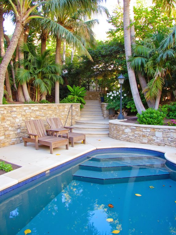 19 Elegant Pool Patio Ideas With Retaining Walls for Sloped Yards vibrant tropical pool landscaping