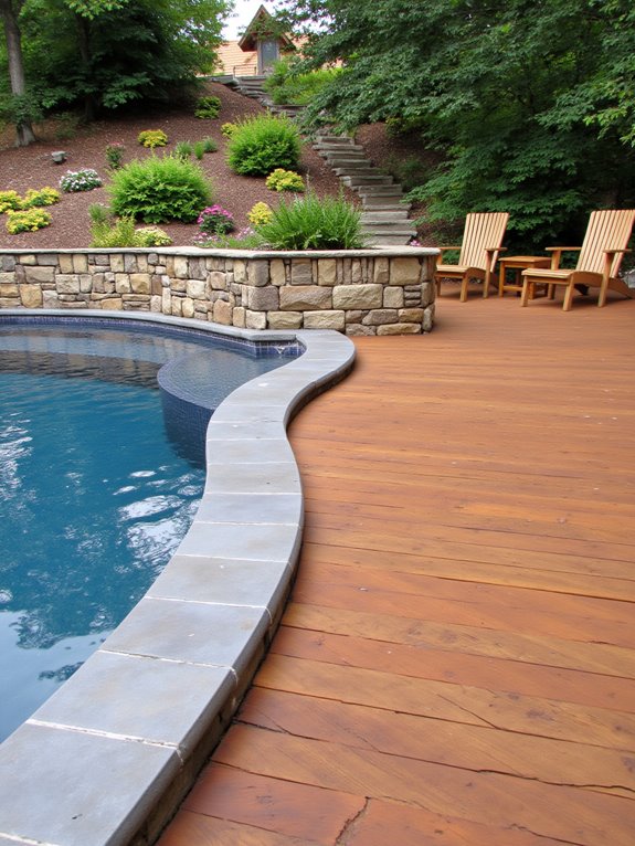 19 Elegant Pool Patio Ideas With Retaining Walls for Sloped Yards warm inviting wood decking