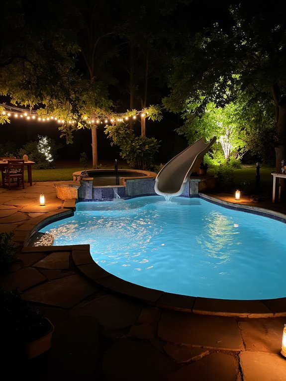 25 Fun Inground Pool Ideas With Slides For Backyard Play ambiance with effective lighting