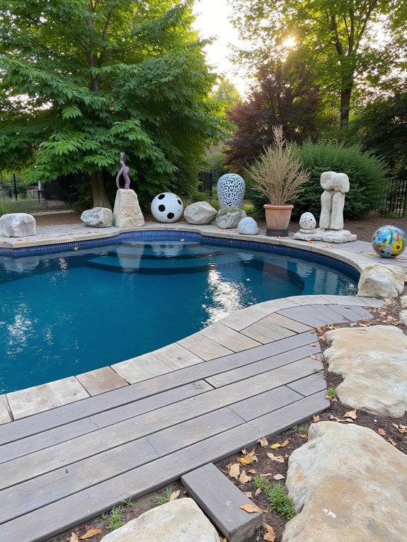 25 Chic Inground Pool Decorating Ideas That Feel Fresh artistic sculptures enhance aesthetics