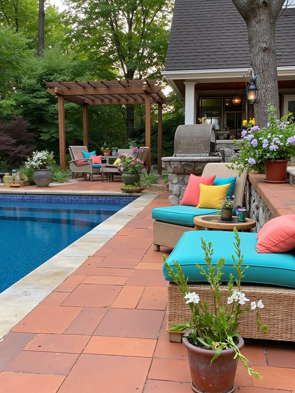 25 Impressive Inground Pool Patio Ideas That Upgrade Your Space cohesive colorful patio design