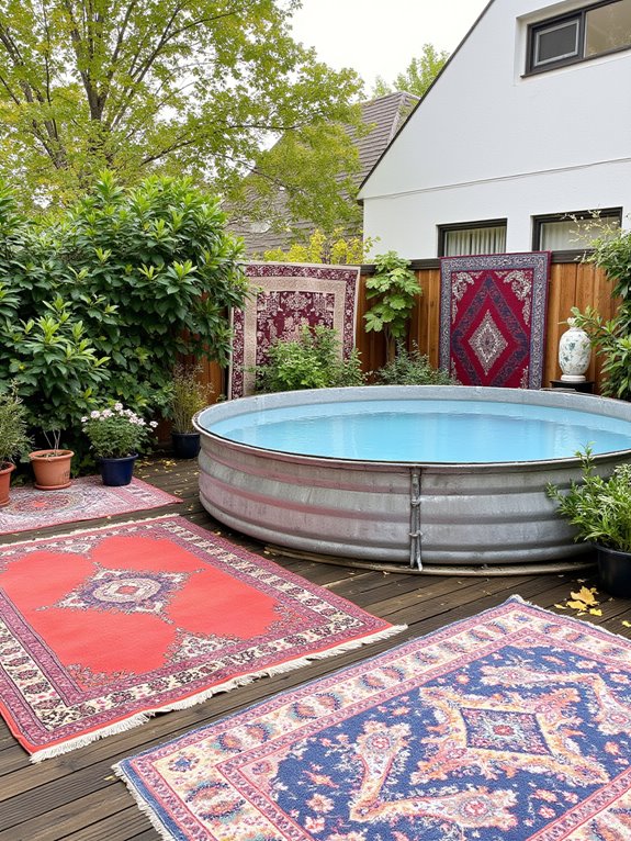 23 Brilliant Stock Tank Pool Privacy Ideas For Peaceful Afternoons colorful outdoor rugs enhance