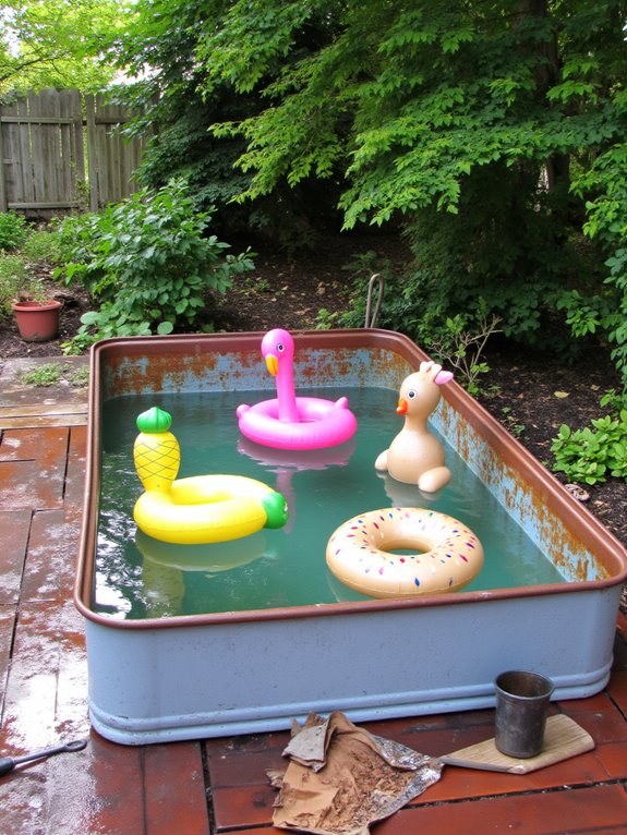 20 Stylish Cattle Trough Pool Ideas For Unexpected Backyard Flair colorful themed pool floats
