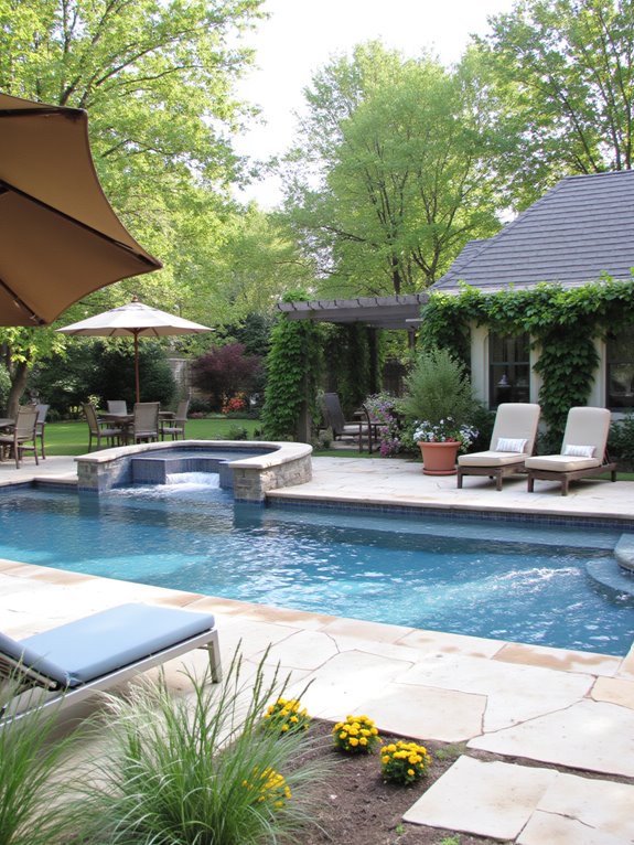 24 Beautiful Inground Pool Ideas With Tanning Ledges For Sun Lovers comfortable poolside shade solutions