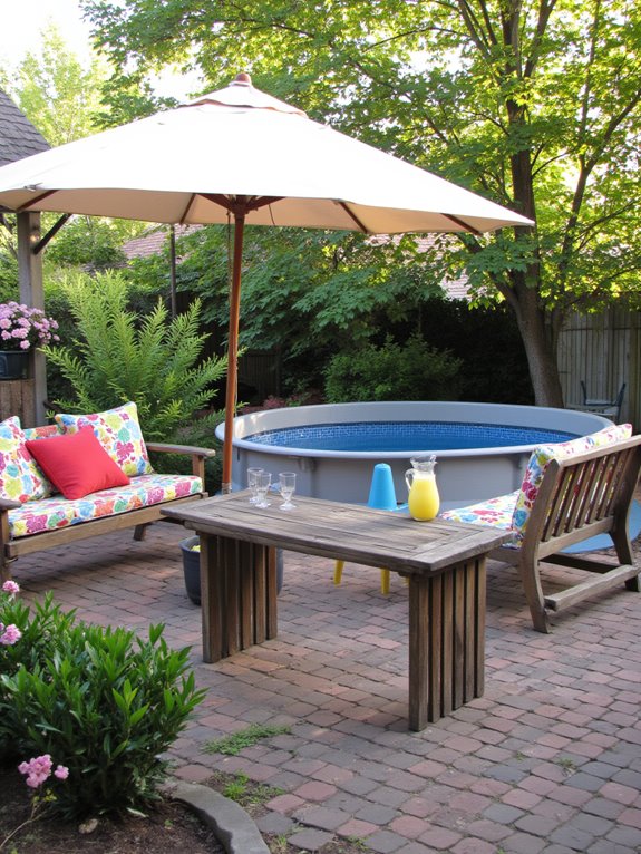 22 Family Friendly Stock Tank Pool Ideas That Everyone Will Love comfortable seating and shade