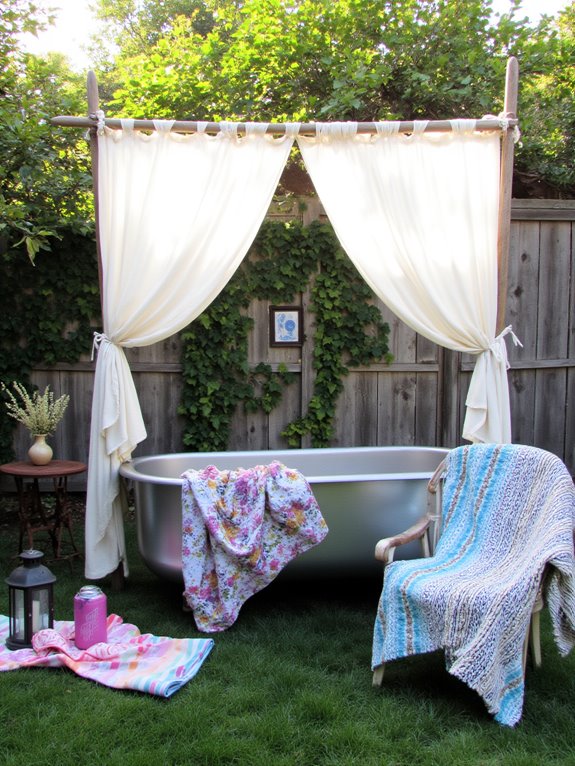 22 Polished Stock Tank Bath Ideas For A Spa Like Backyard Moment comfortable textiles enhance relaxation